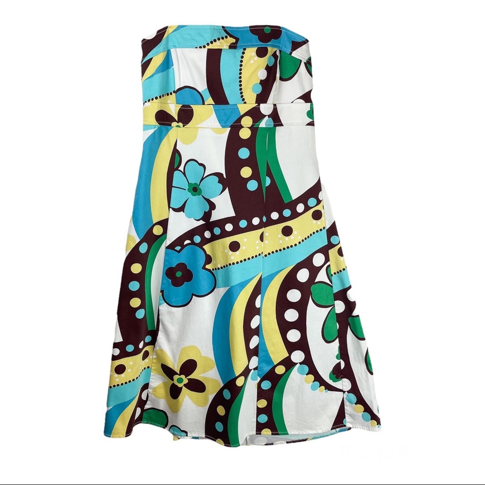 Y2K Hippie Print Strapless Dress Sz 12 Mini Midi Funky Retro